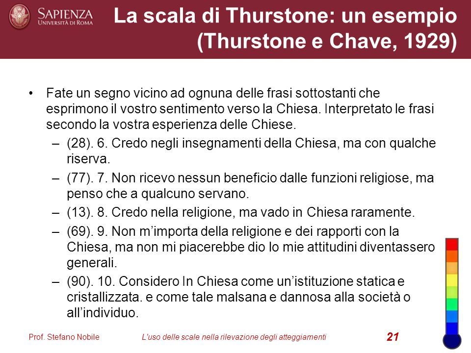 La scala di Thurstone: un esempio (Thurstone e Chave, 1929) Fate un segno vicino ad ognuna delle frasi sottostanti che esprimono il vostro sentimento verso la Chiesa.