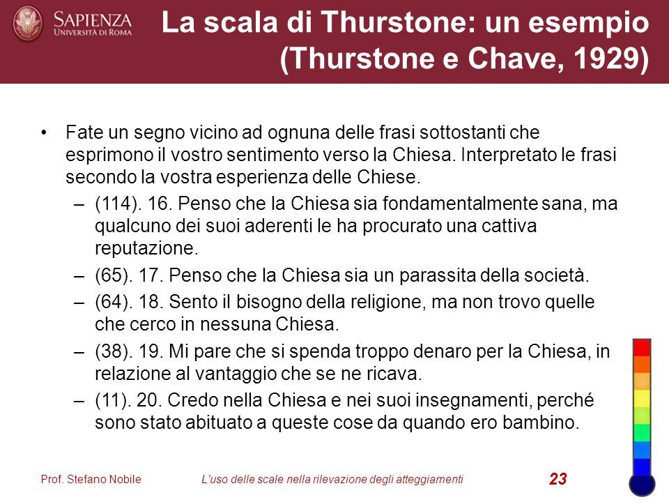 La scala di Thurstone: un esempio (Thurstone e Chave, 1929) Fate un segno vicino ad ognuna delle frasi sottostanti che esprimono il vostro sentimento verso la Chiesa.
